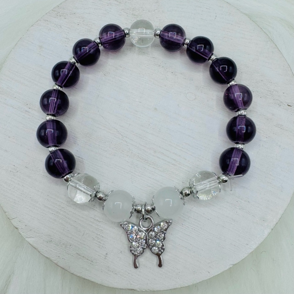 Violet Beaded w/ Sparkly Butterfly Charm Bracelet - Small wrists